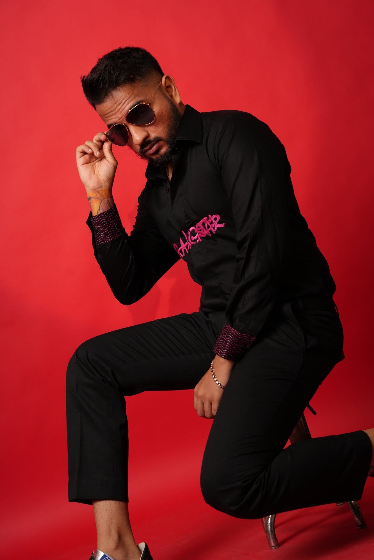 Gangster Hand-Embroidered Black Shirt