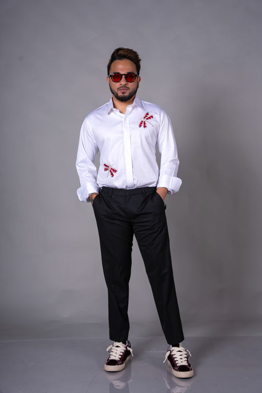 Flutter Hearts White Hand-Embroidered Shirt