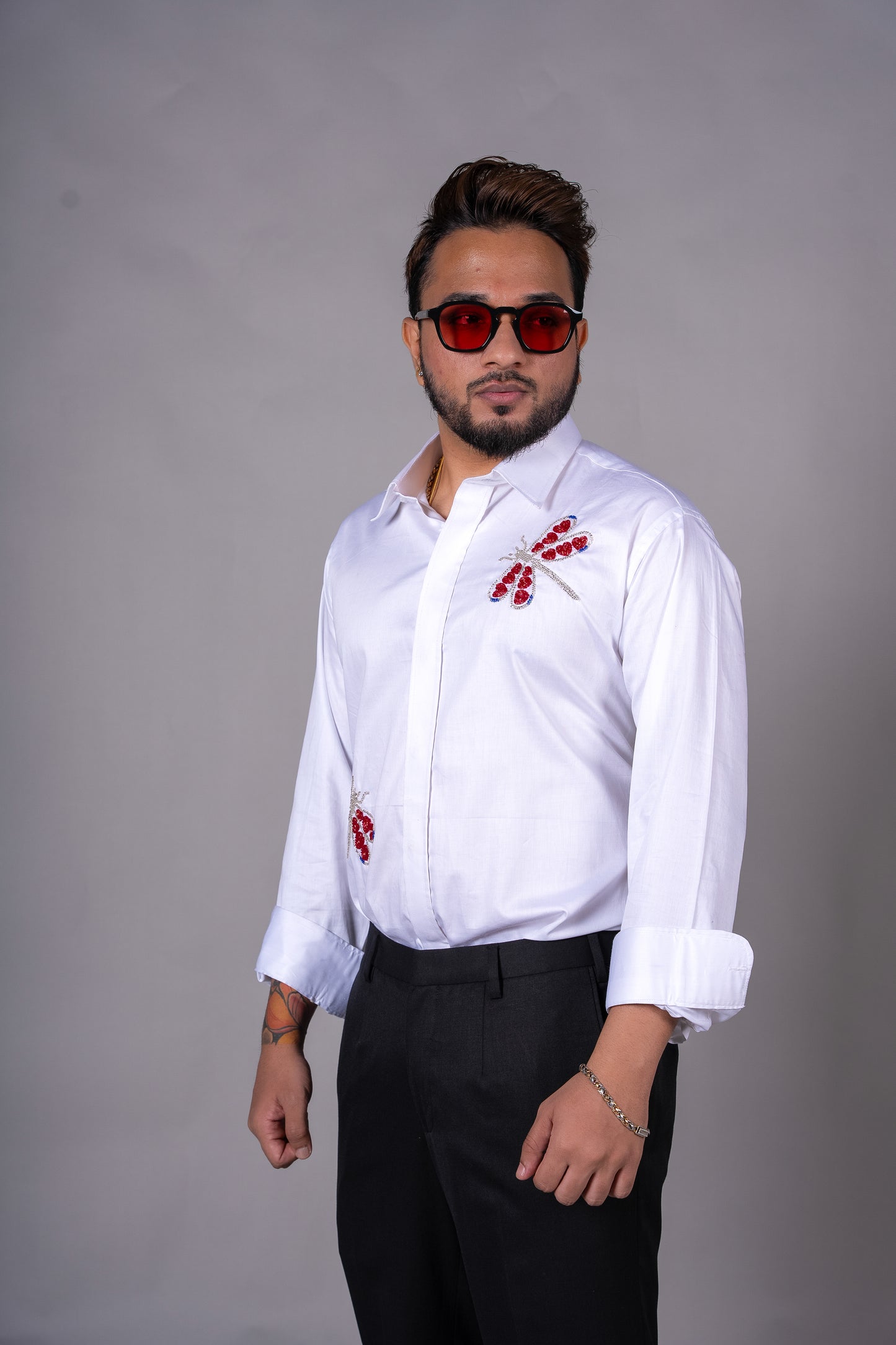 Flutter Hearts White Hand-Embroidered Shirt