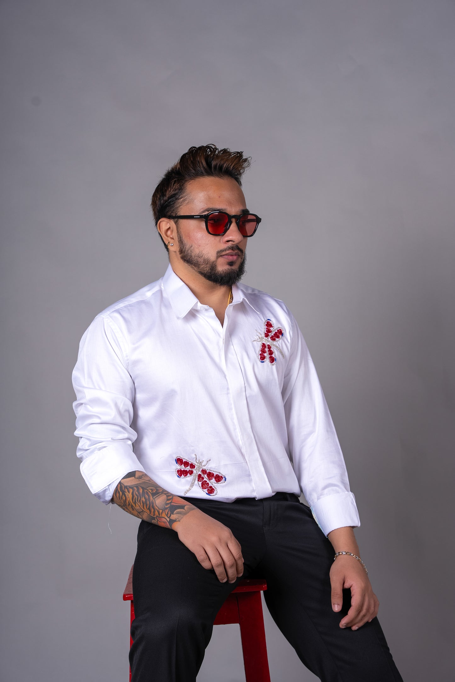 Flutter Hearts White Hand-Embroidered Shirt